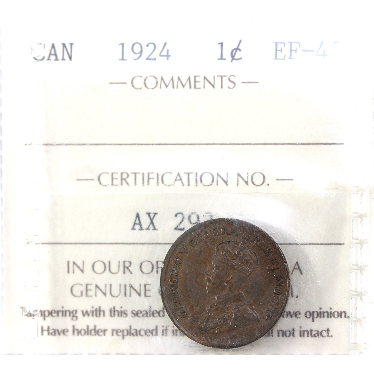1924 Canada 1-cent ICCS Certified EF-45