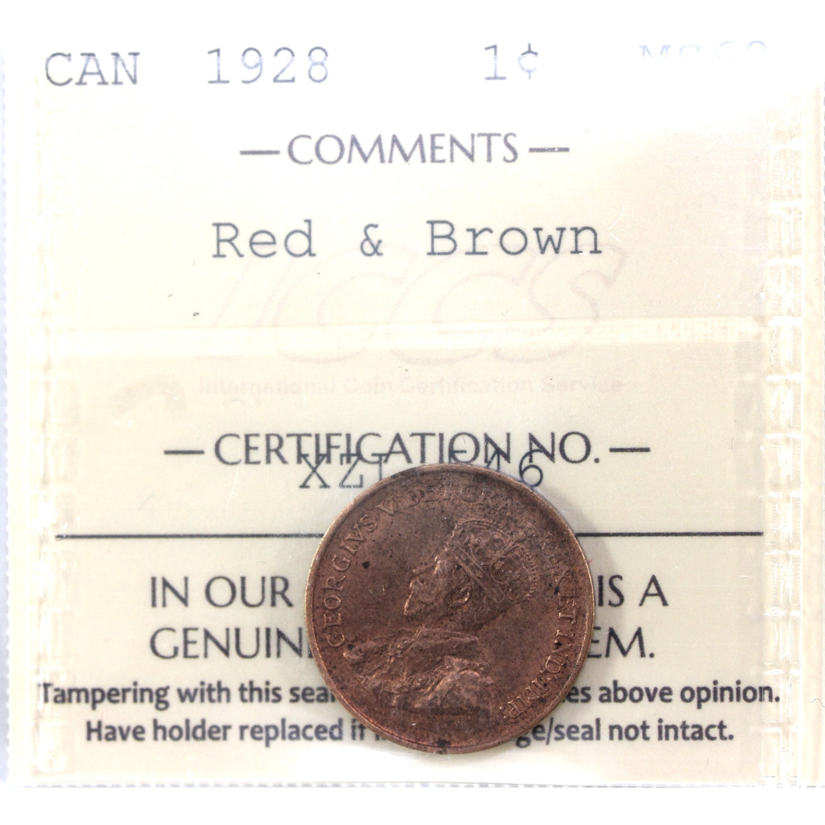 1928 Canada 1-cent ICCS Certified MS62 Red & Brown