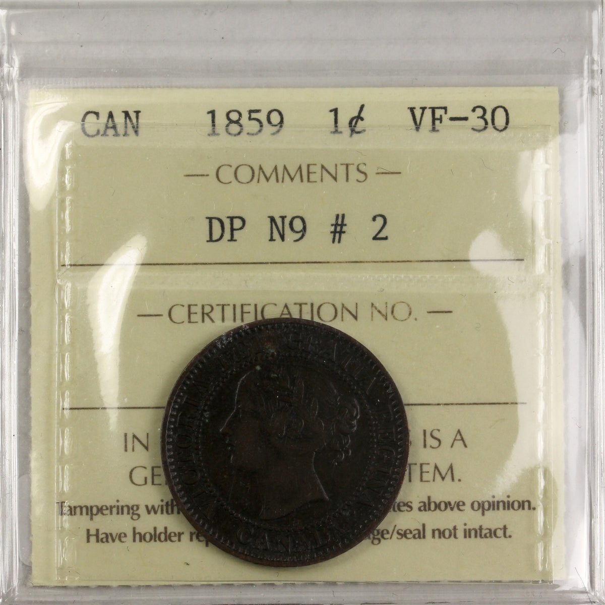 1859 DP NP #2 1-cent ICCS Certified VF-30 (XVI 418)
