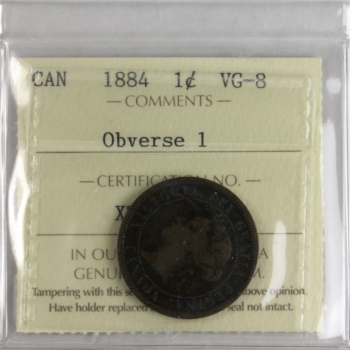 1884 Obv. 1 Canada 1-cent ICCS Certified VG8