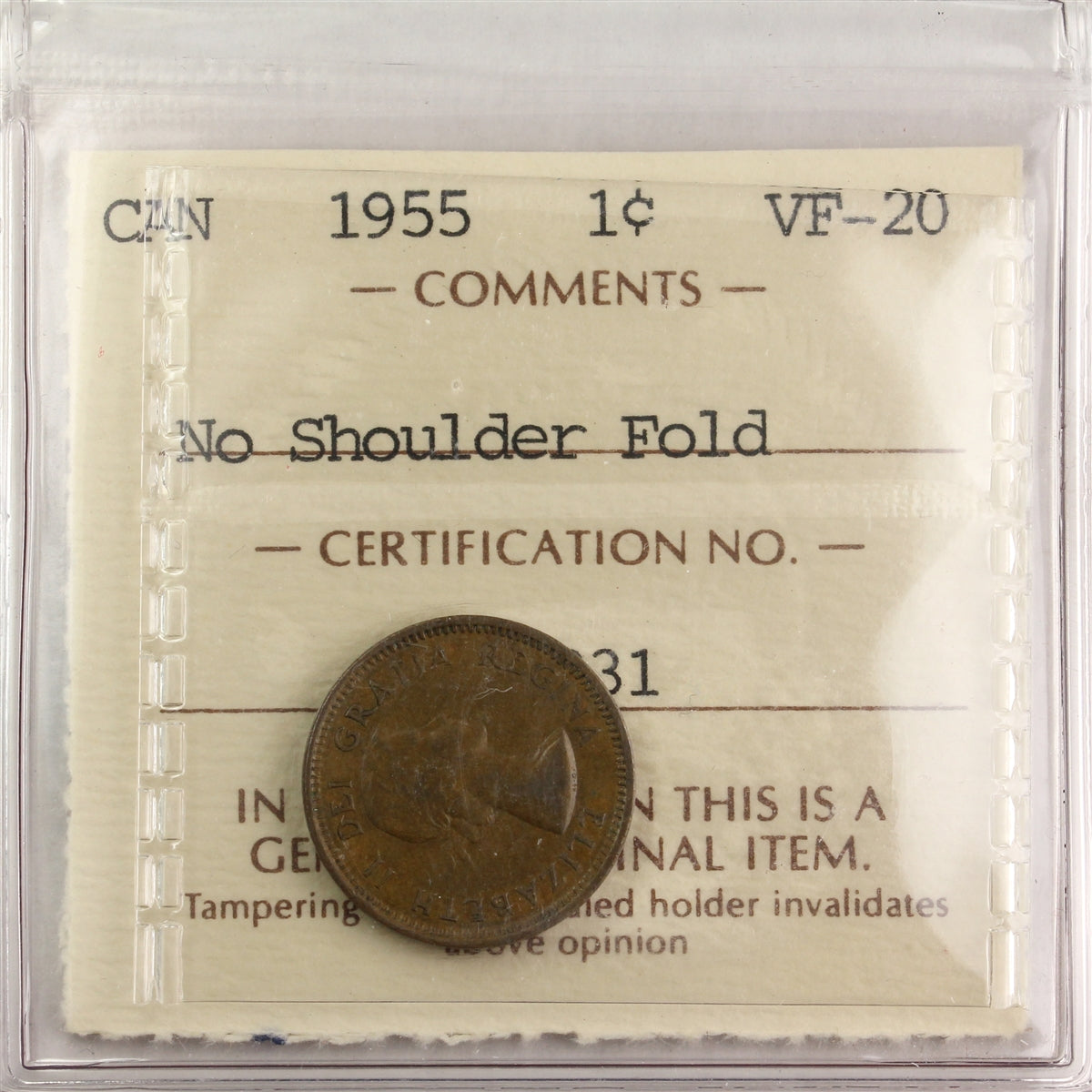 1955 NSF Canada 1-cent ICCS Certified VF20
