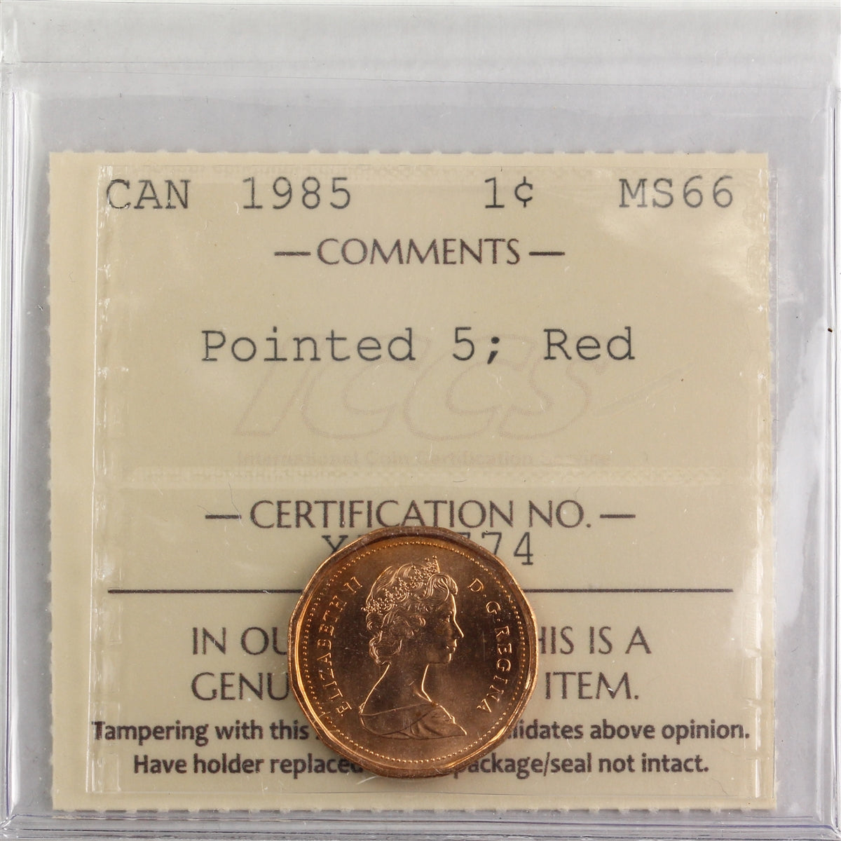 1985 Pointed 5 Canada 1-cent ICCS Certified MS66 Red