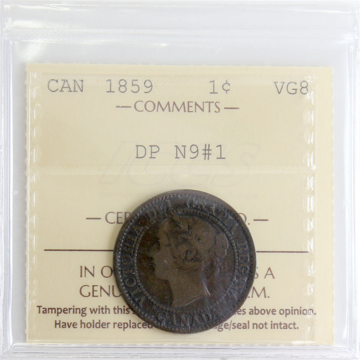 1859 DP N9 #1 Canada 1-cent ICCS Certified VG8