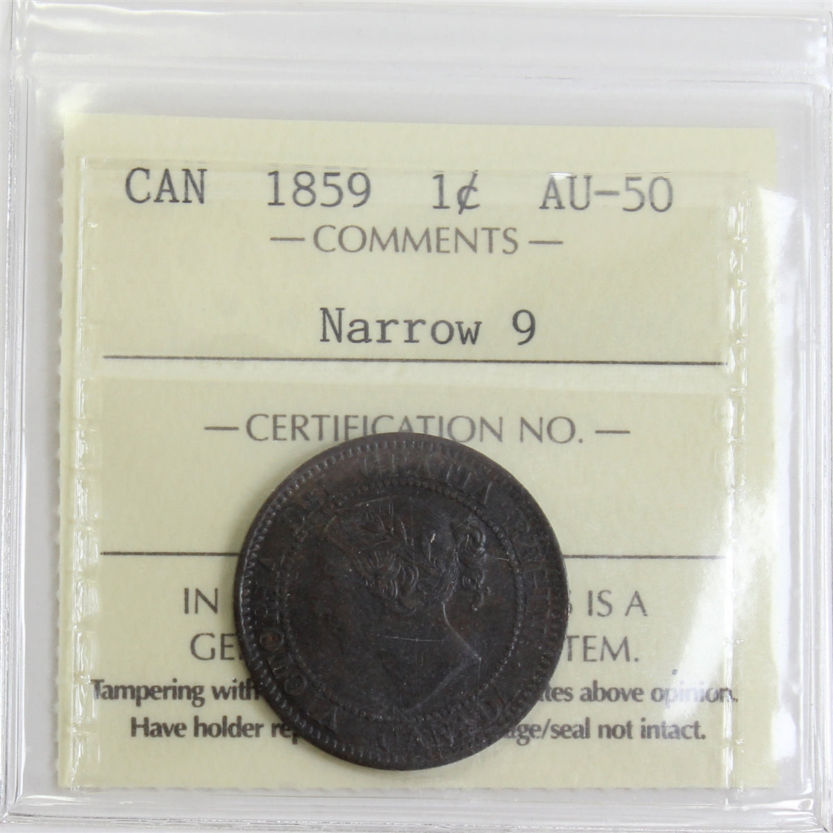 1859 Narrow 9 Canada 1-cent ICCS Certified AU-50
