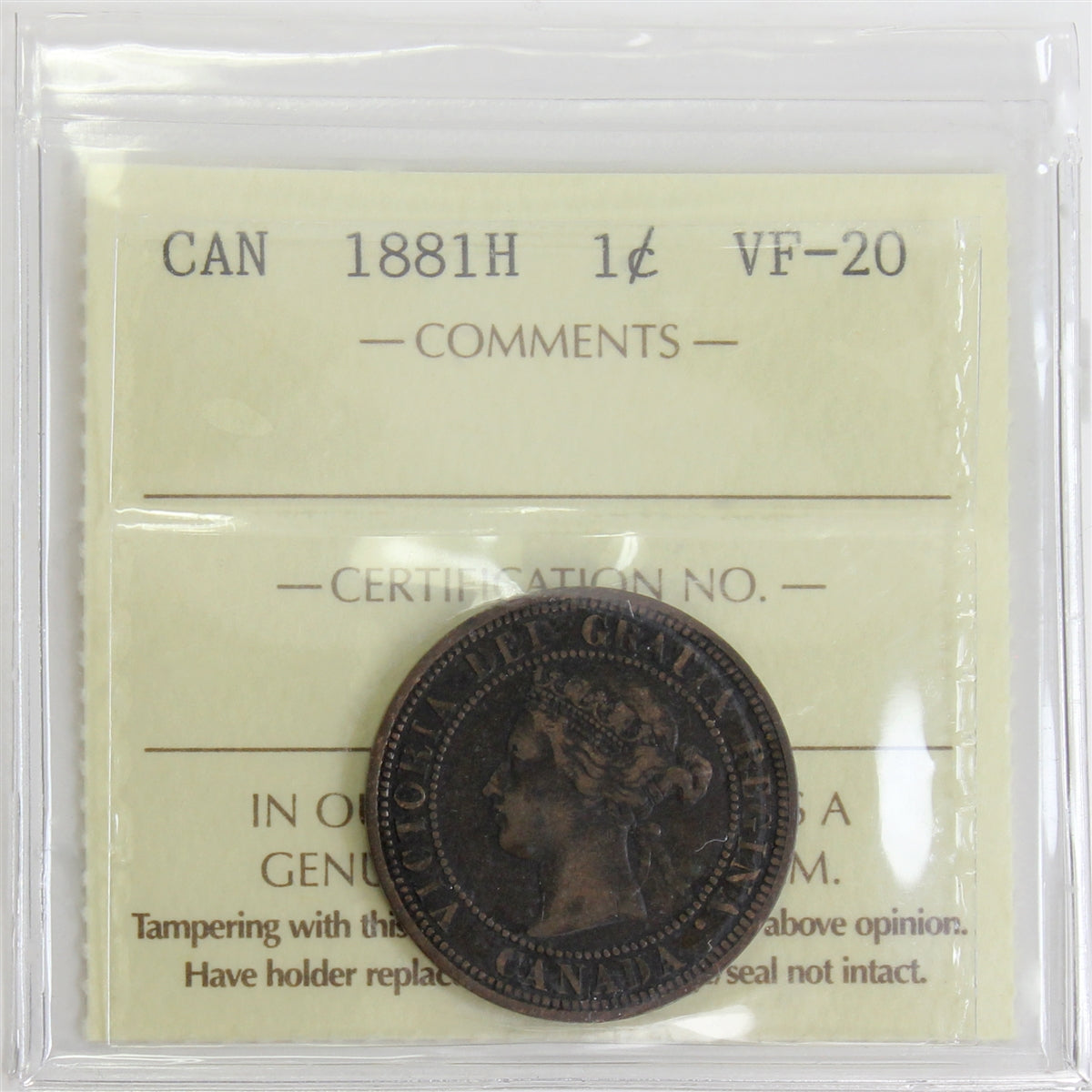 1881H Canada 1-cent ICCS Certified VF20