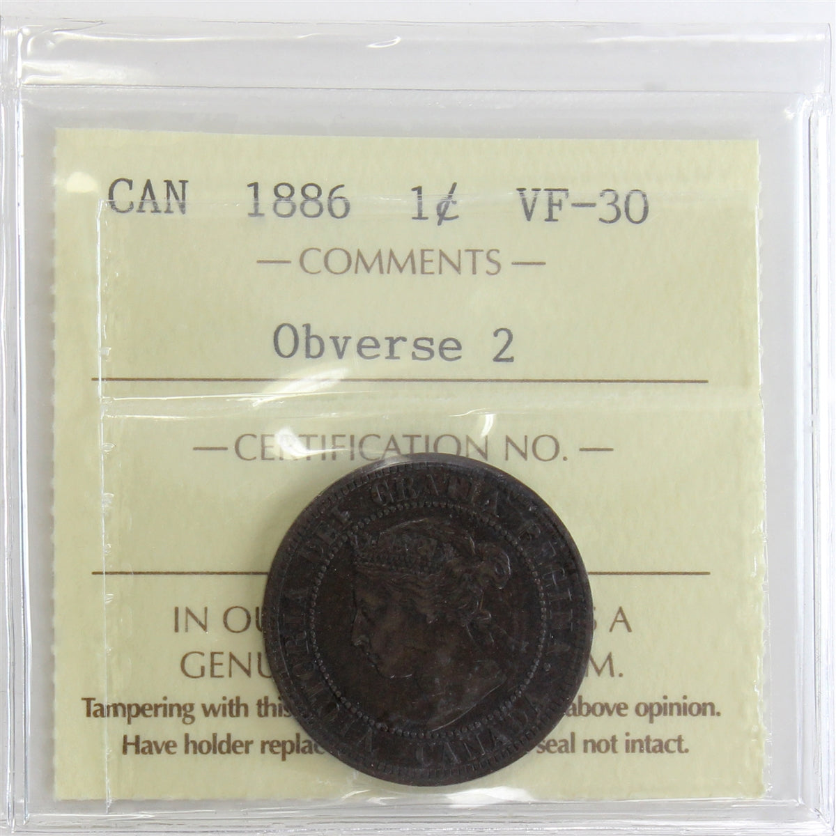 1886 Obv. 2 Canada 1-cent ICCS Certified VF-30