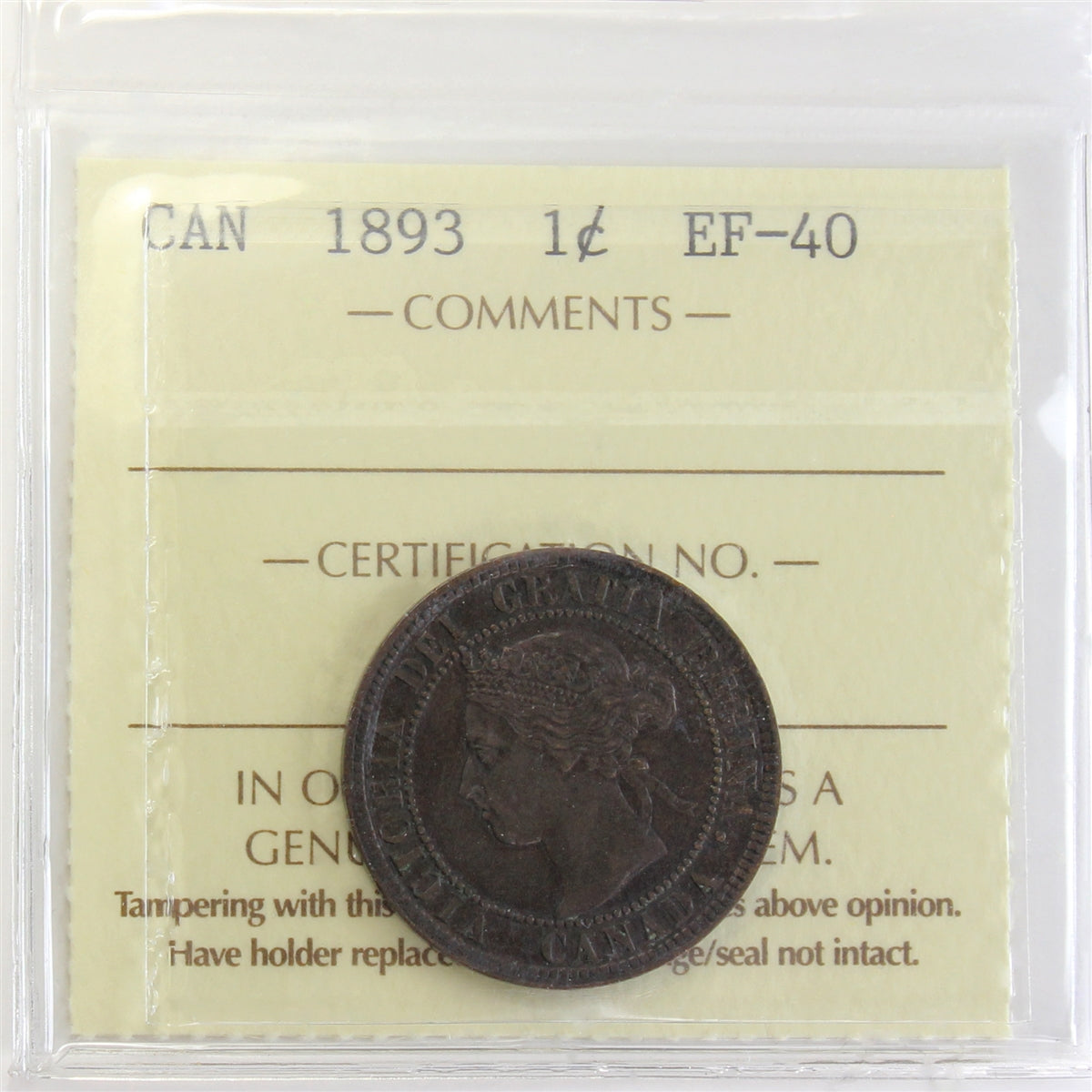 1893 Canada 1-cent ICCS Certified EF-40