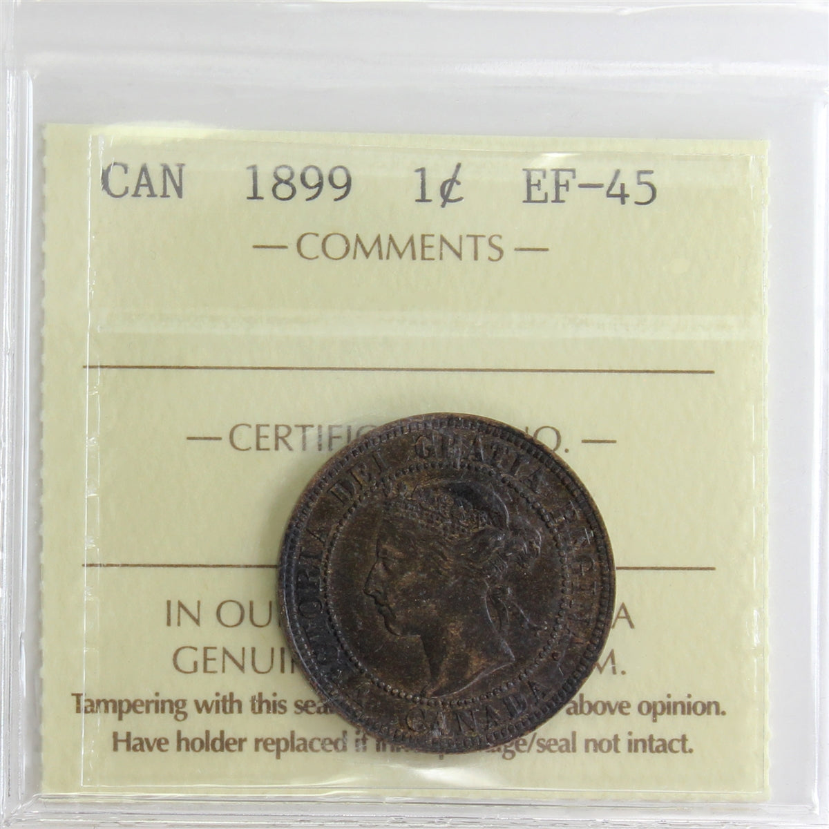 1899 Canada 1-cent ICCS Certified EF-45
