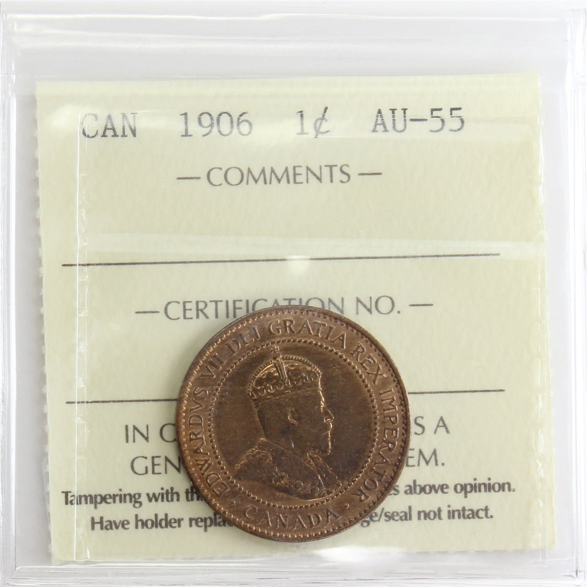 1906 Canada 1-cent ICCS Certified AU55
