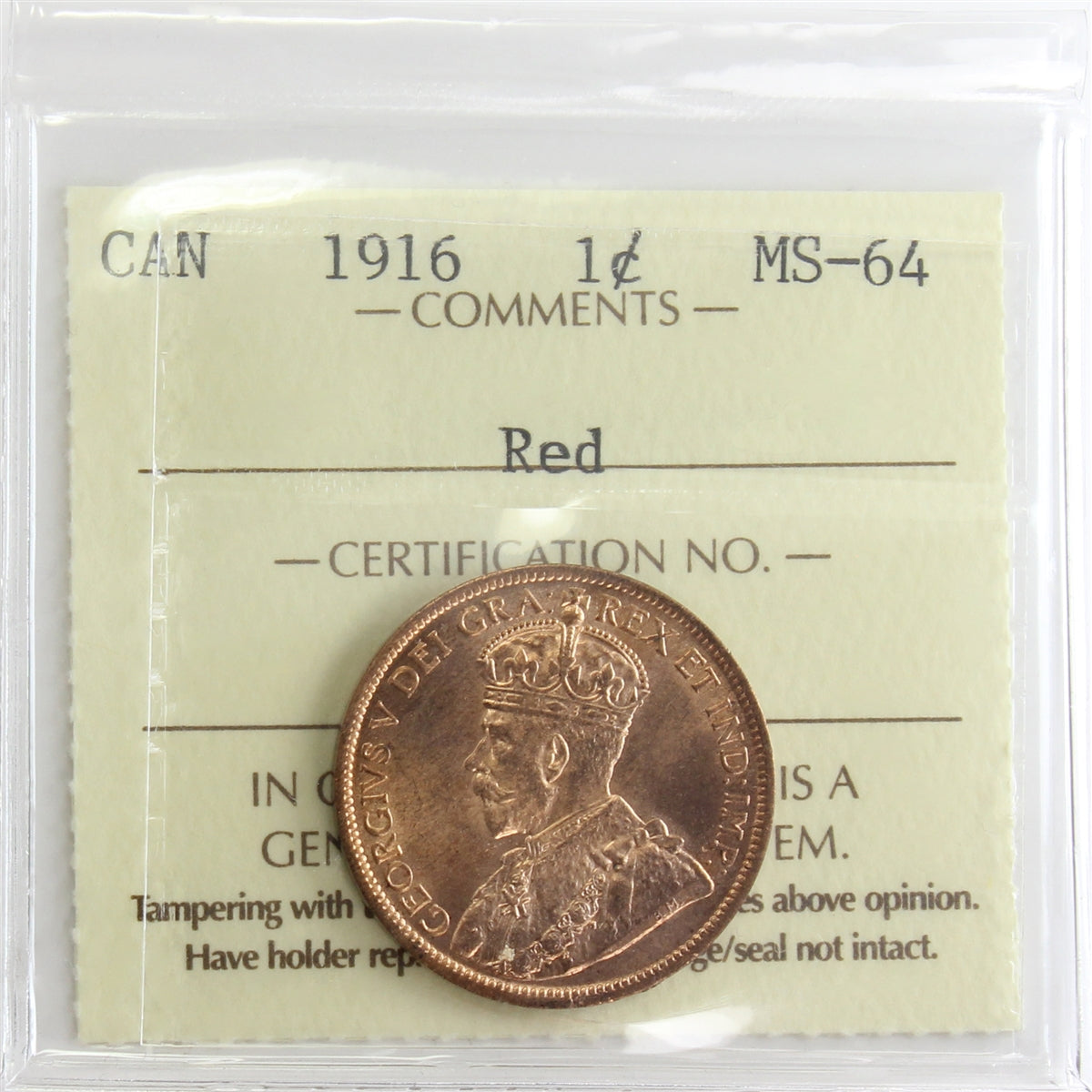 1916 Canada 1-cent ICCS Certified MS64 Red