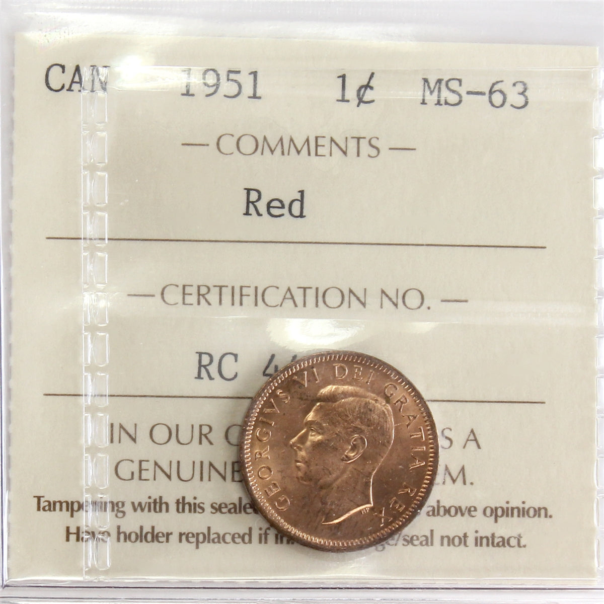 1951 Canada 1-cent ICCS Certified MS63 Red