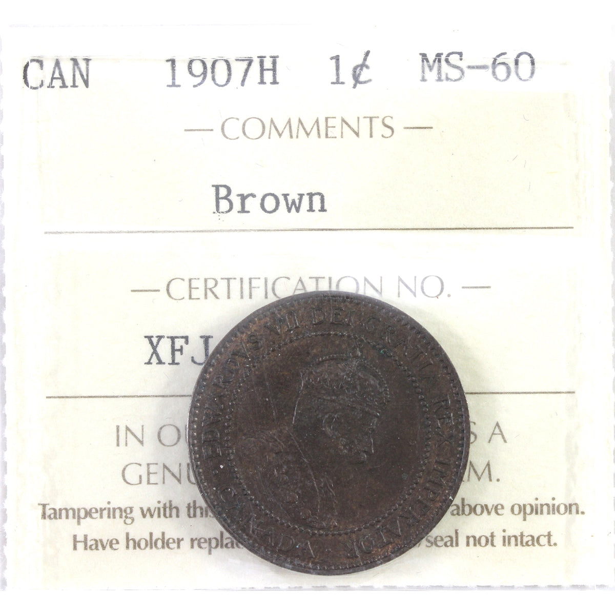 1907H Canada 1-cent ICCS Certified MS60 Brown (XFJ 025)