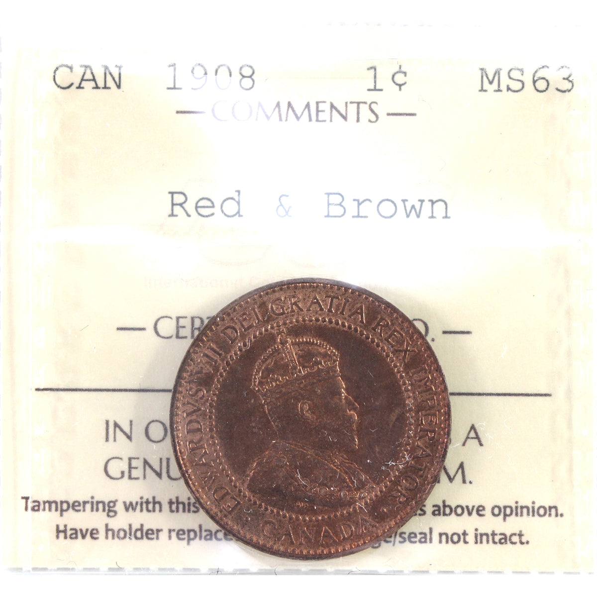 1908 Canada 1-cent ICCS Certified MS-63 Red & Brown
