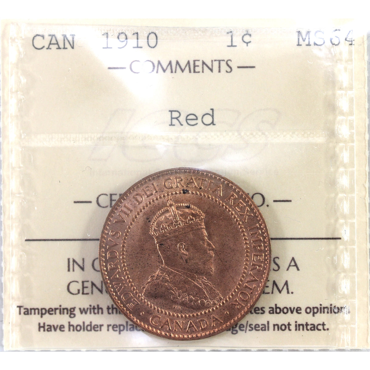 1910 Canada 1-cent ICCS Certified MS64 Red (XXG 357)