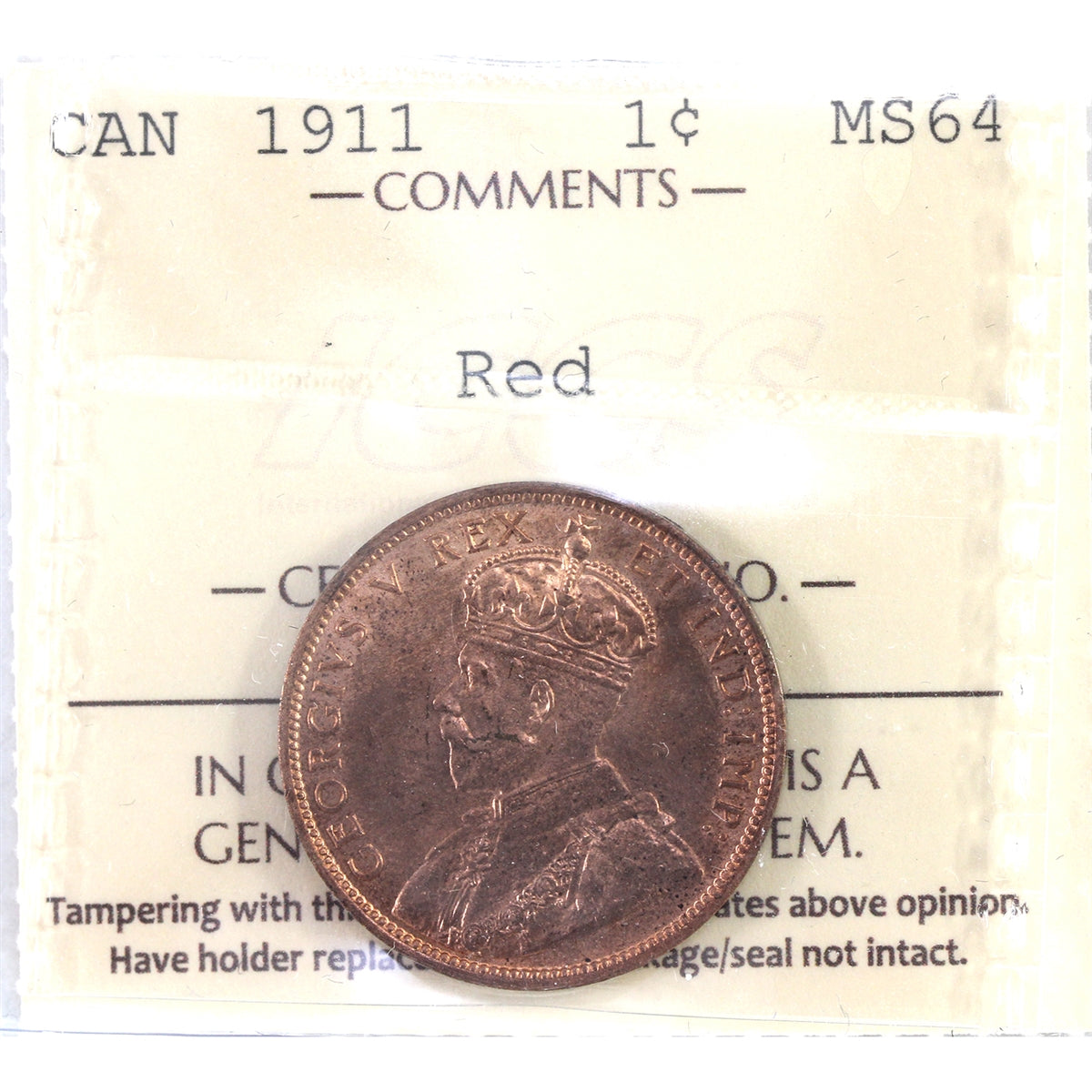1911 Canada 1-cent ICCS Certified MS64 Red