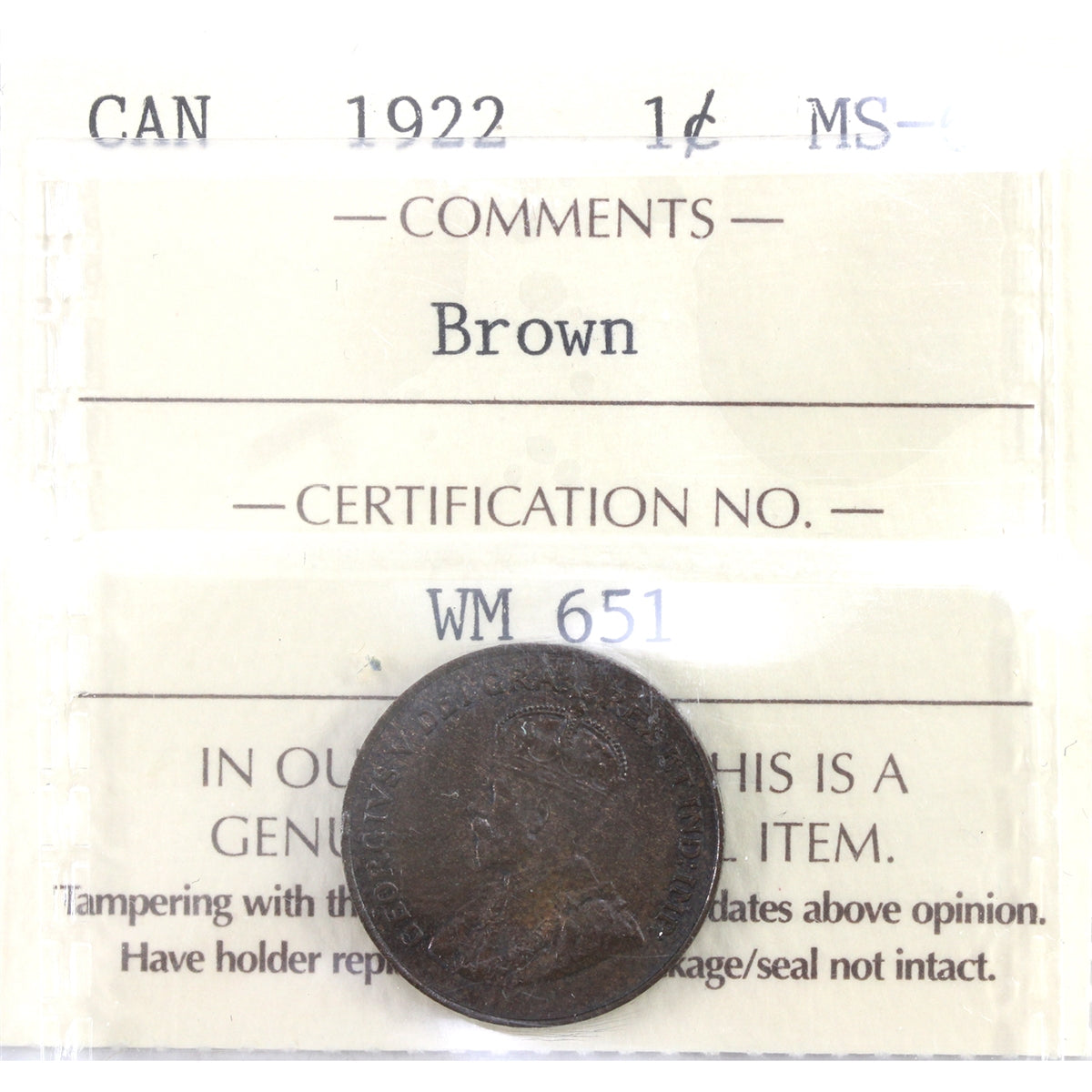 1922 Canada 1-cent ICCS Certified MS60 Brown (WM 651)