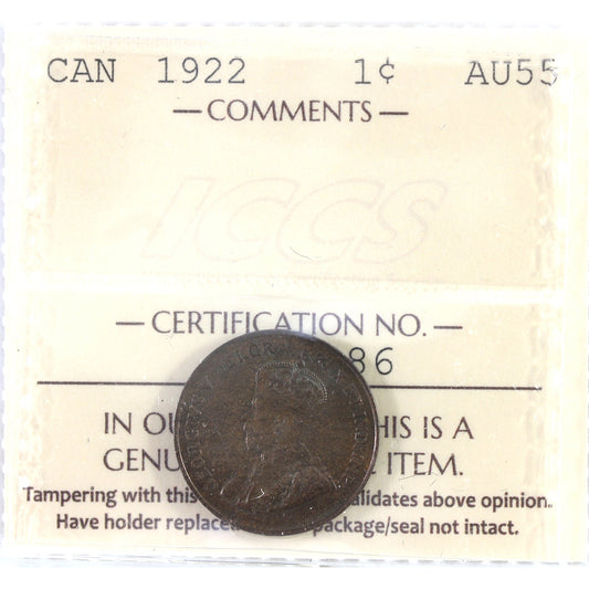 1922 Canada 1-cent ICCS Certified AU55