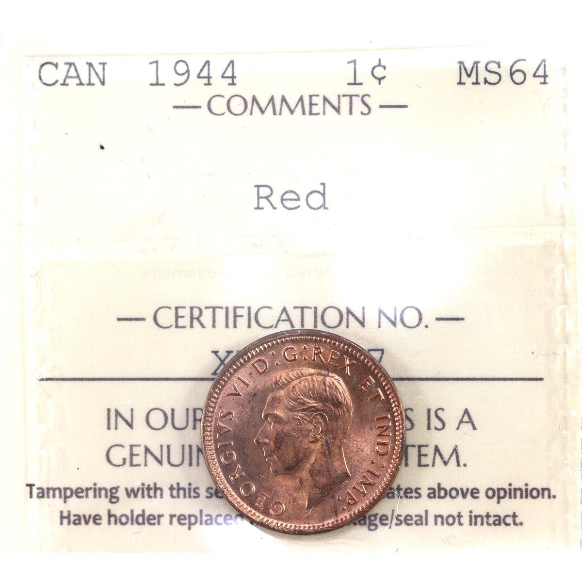 1944 Canada 1-cent ICCS Certified MS64 Red (XWJ 737)