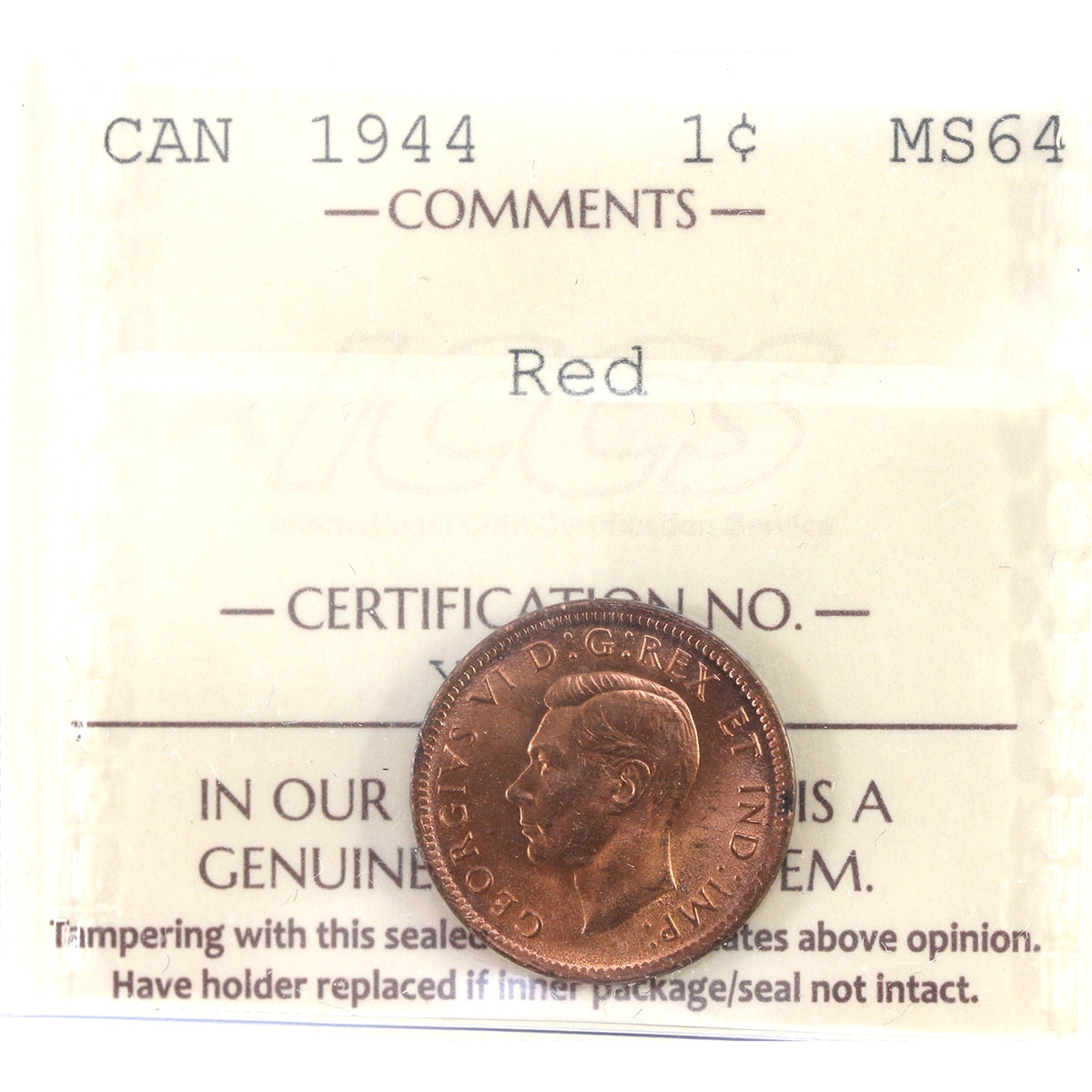 1944 Canada 1-cent ICCS Certified MS64 Red (XWW 639)