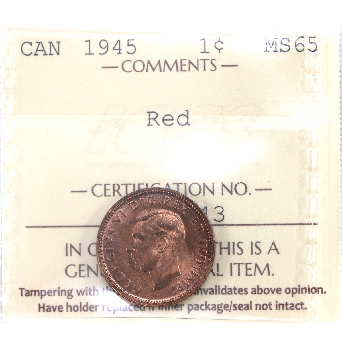 1945 Canada 1-cent ICCS Certified MS65 Red (XWW 643)