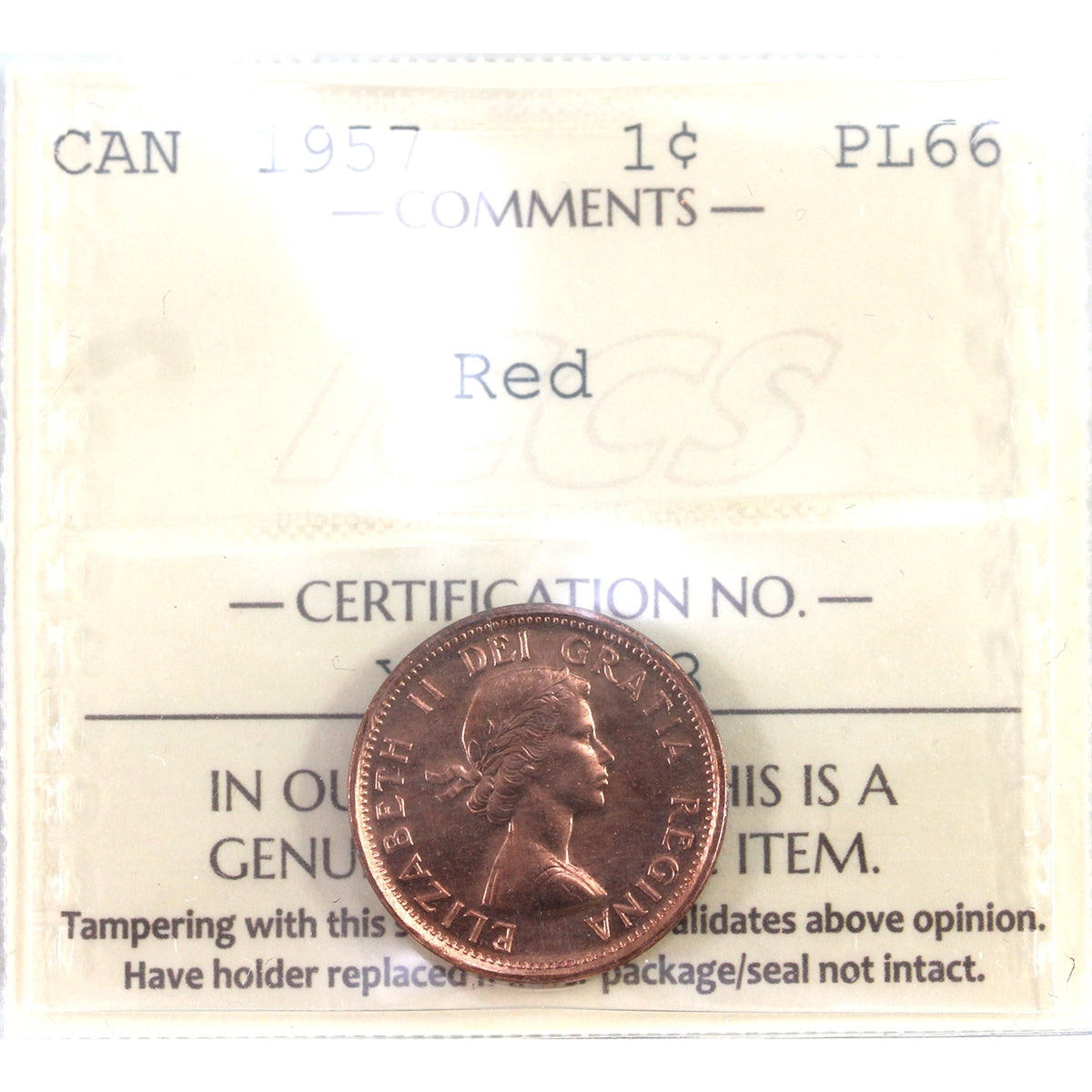 1957 Canada 1-cent ICCS Certified PL66 Red
