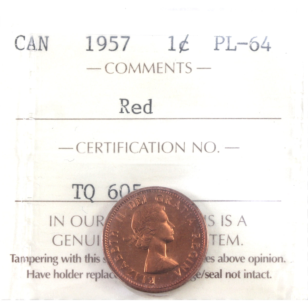 1957 Canada 1-cent ICCS Certified PL-64 Red