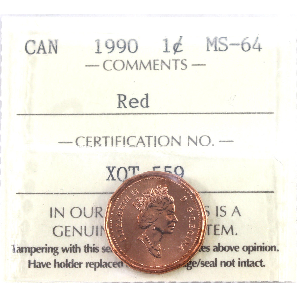 1990 Canada 1-cent ICCS Certified MS64 Red