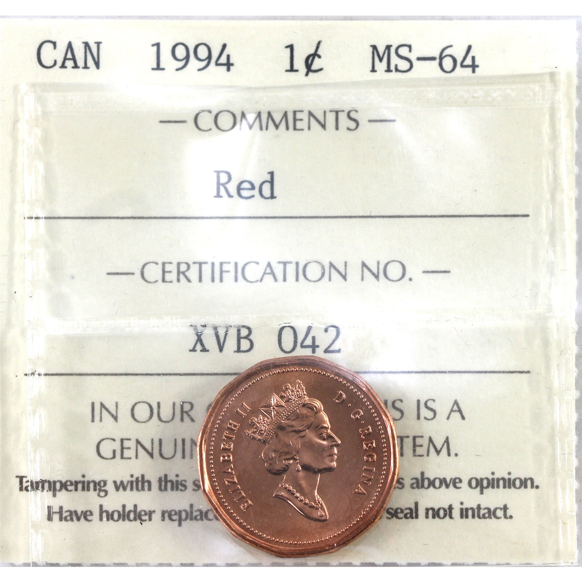 1994 Canada 1-cent ICCS Certified MS64 Red