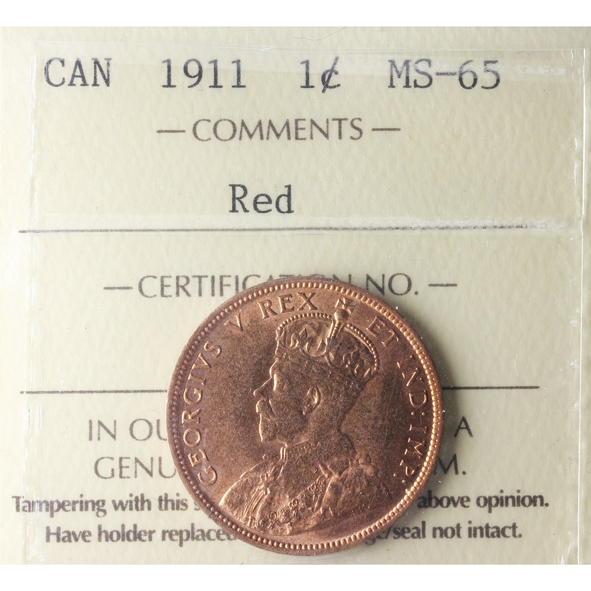 1911 Canada 1-cent ICCS Certified MS65 Red (XVP 310)