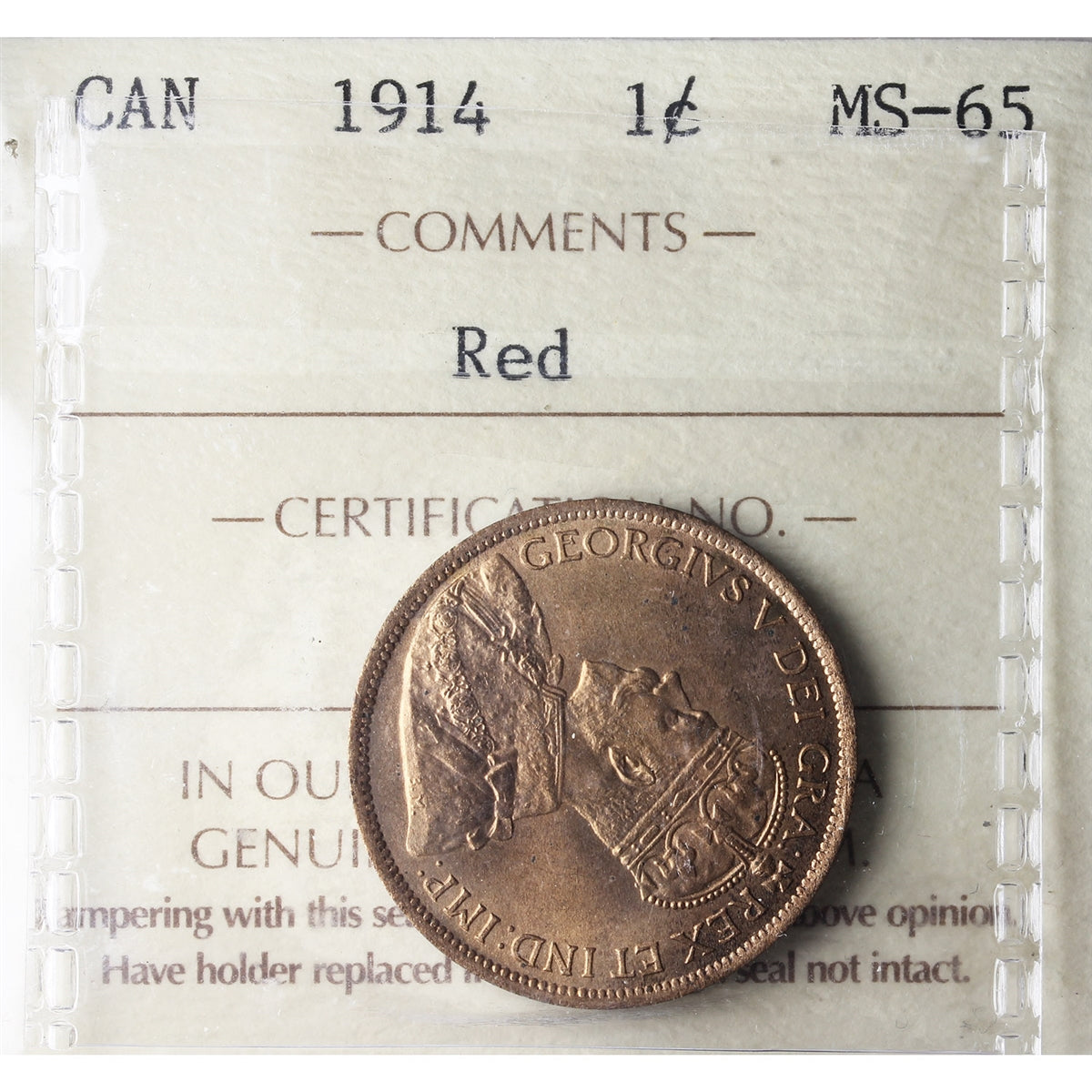 1914 Canada 1-cent ICCS Certified MS65 Red (OP 795)