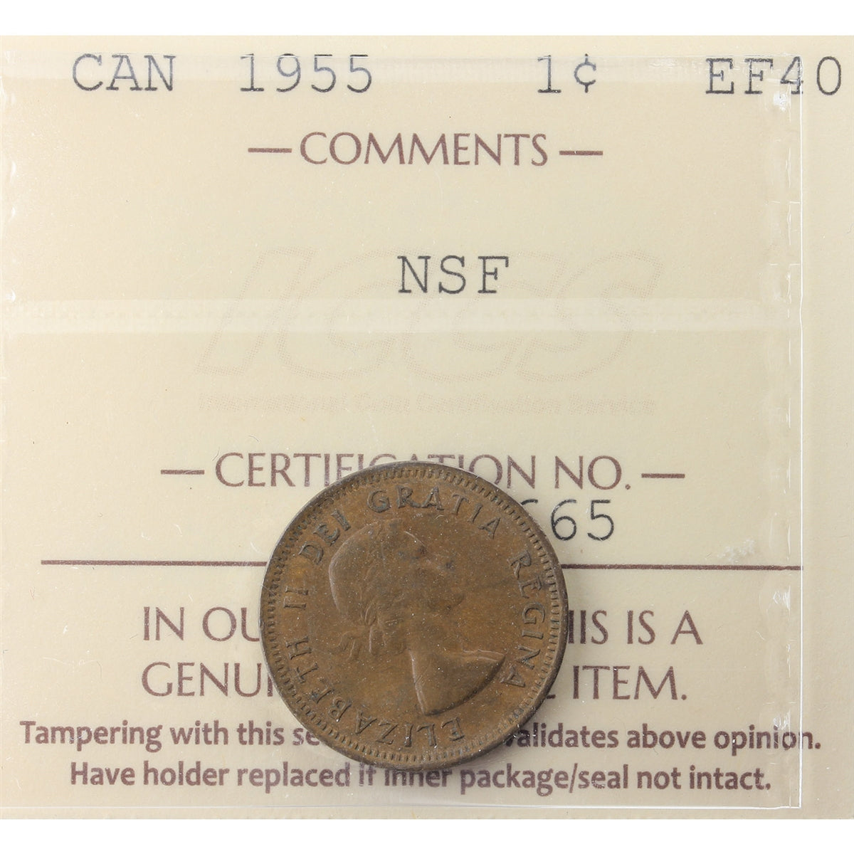 1955 NSF Canada 1-cent ICCS Certified EF-40