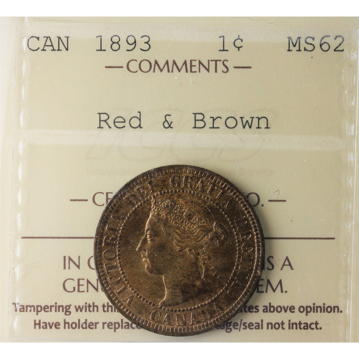1893 Canada 1-cent ICCS Certified MS-62 Red & Brown