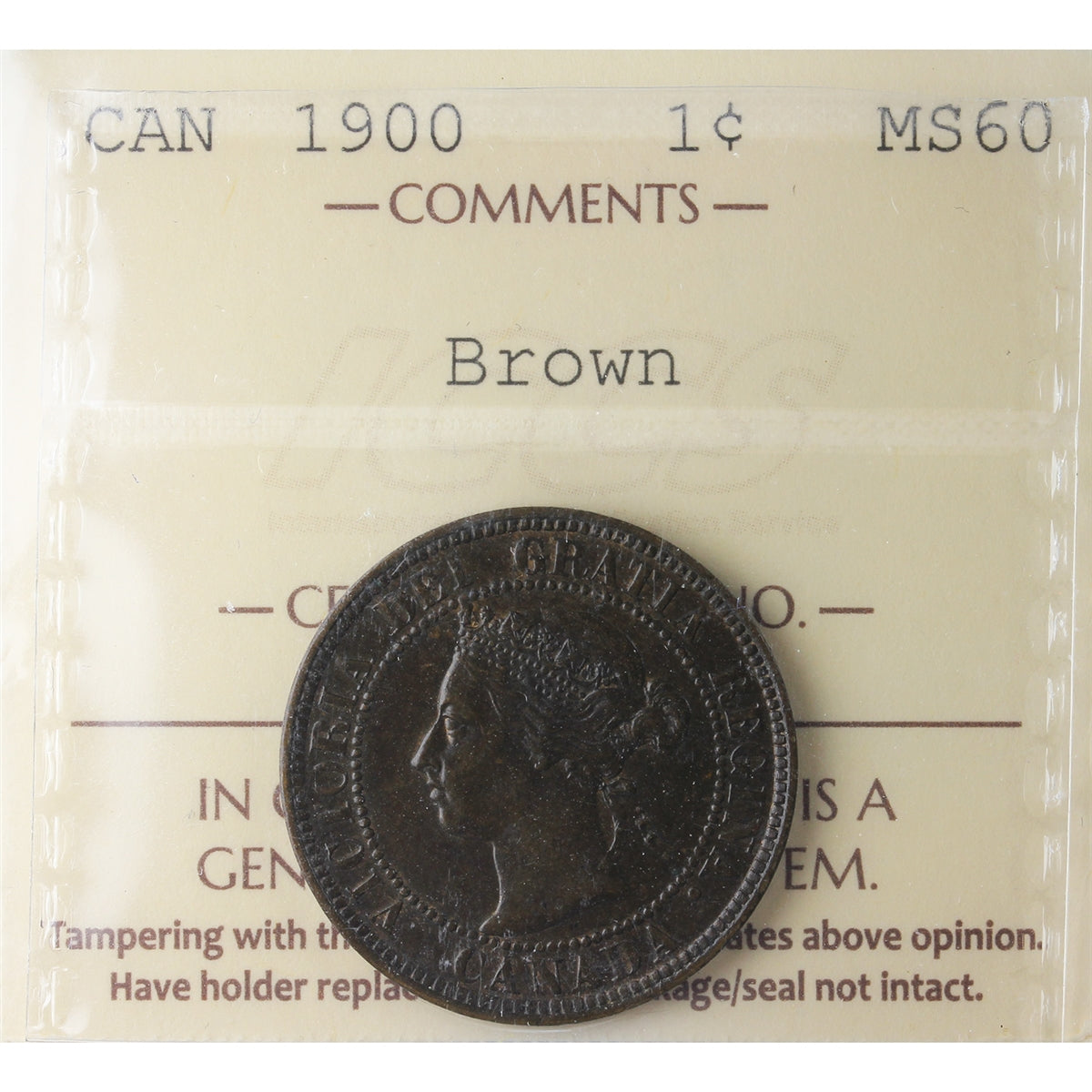 1900 Canada 1-cent ICCS Certified MS-60 Brown