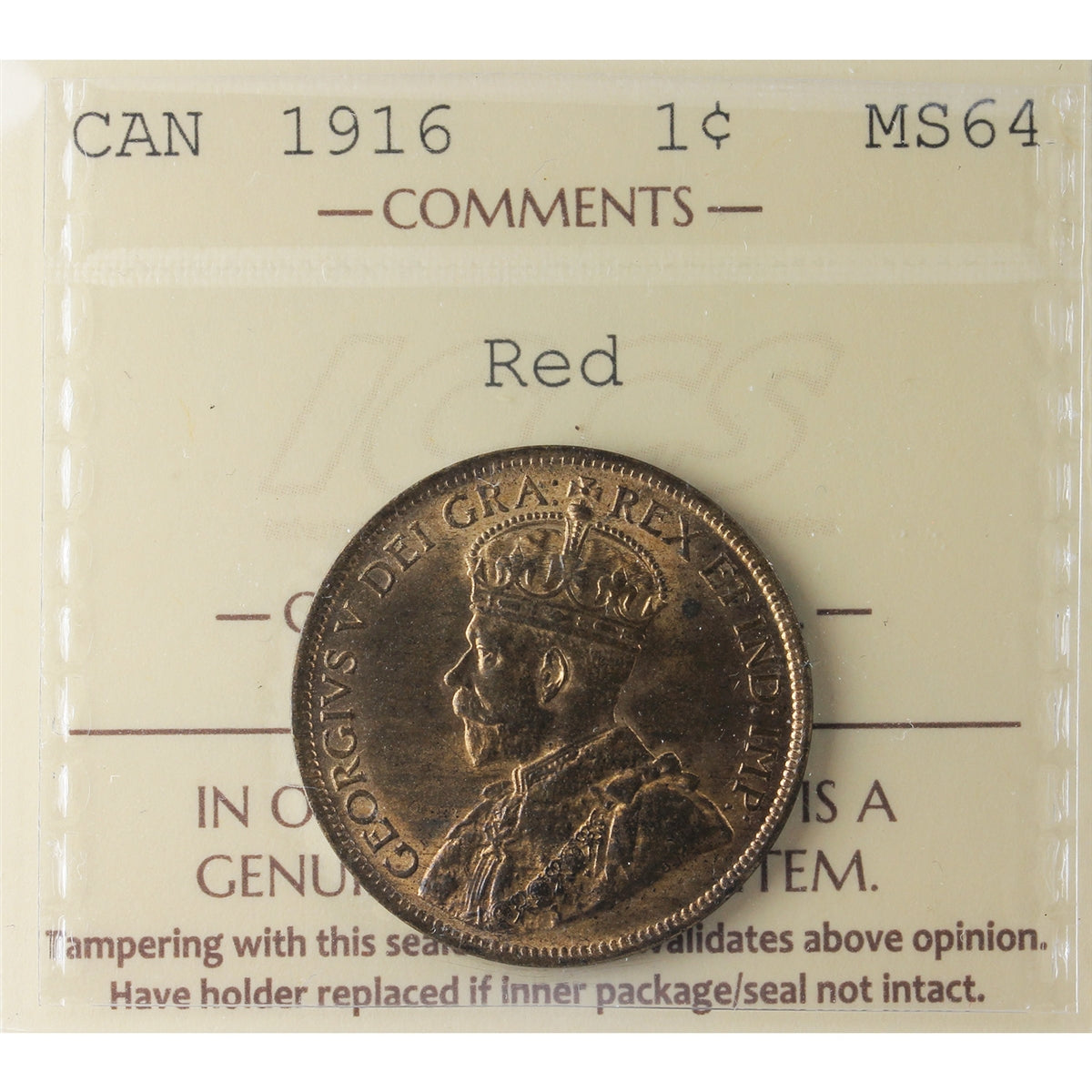 1916 Canada 1-cent ICCS Certified MS64 Red