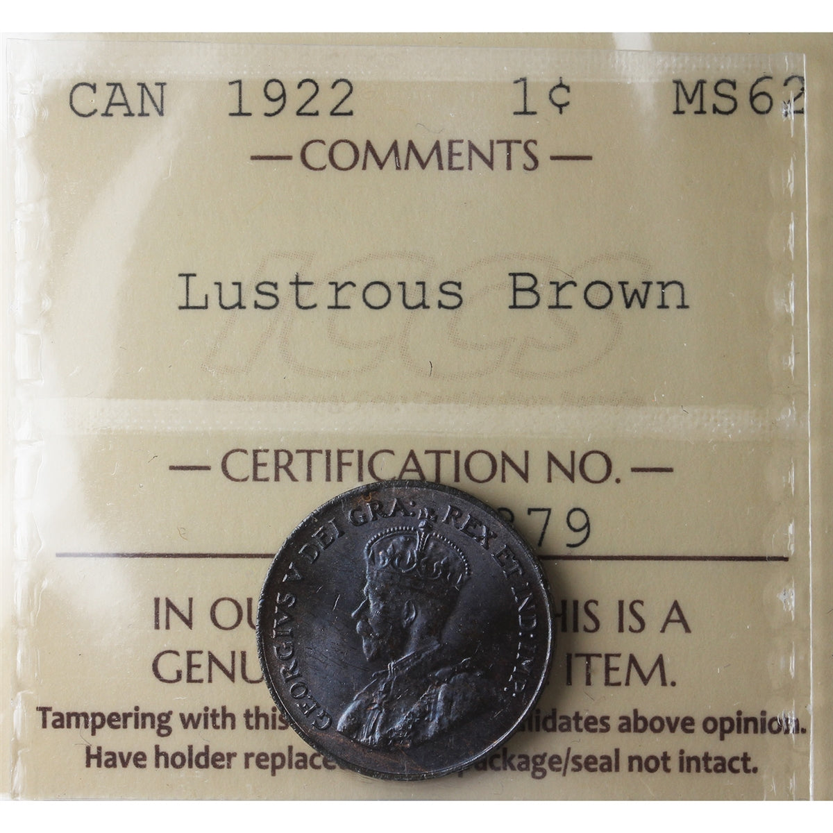 1922 Canada 1-cent ICCS Certified MS62 Lustrous Brown (XMY 879)