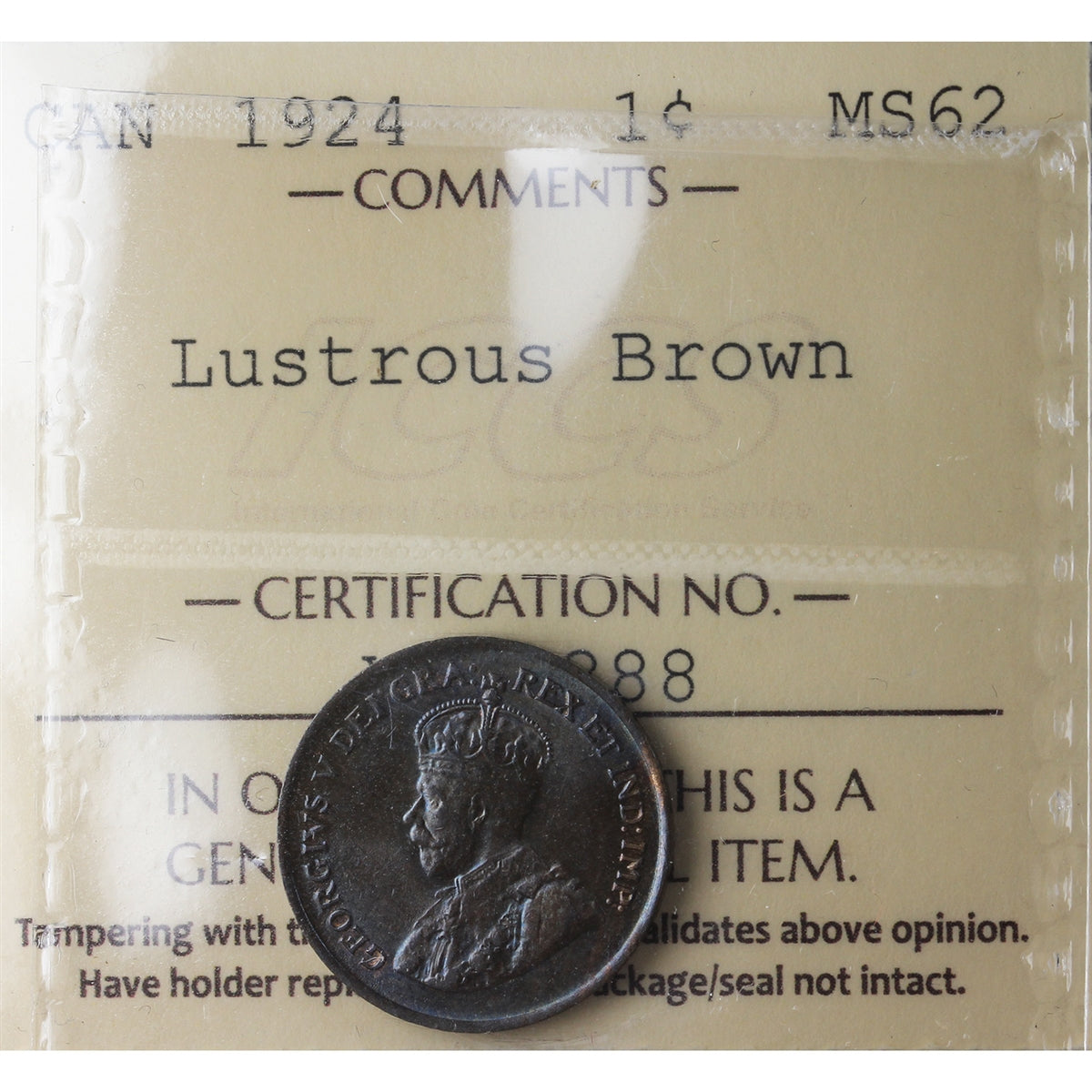 1924 Canada 1-cent ICCS Certified MS62 Lustrous Brown (XXG 388)