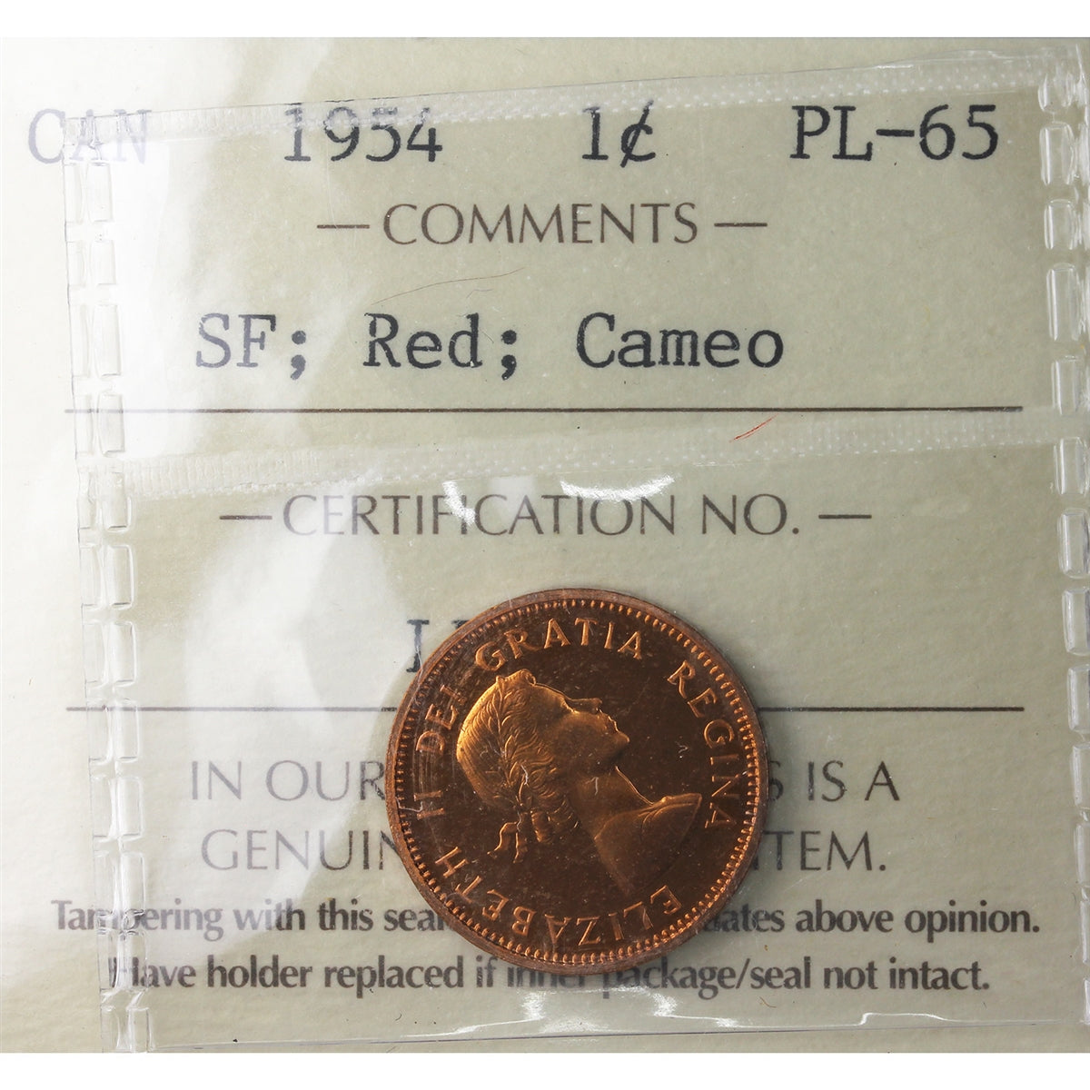 1954 SF Canada 1-cent ICCS Certified PL-65 Red, Cameo