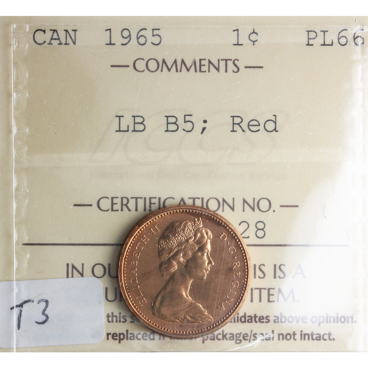 1965 LgBds Bl 5 (Type 3) Canada 1-cent ICCS Certified PL-66 Red