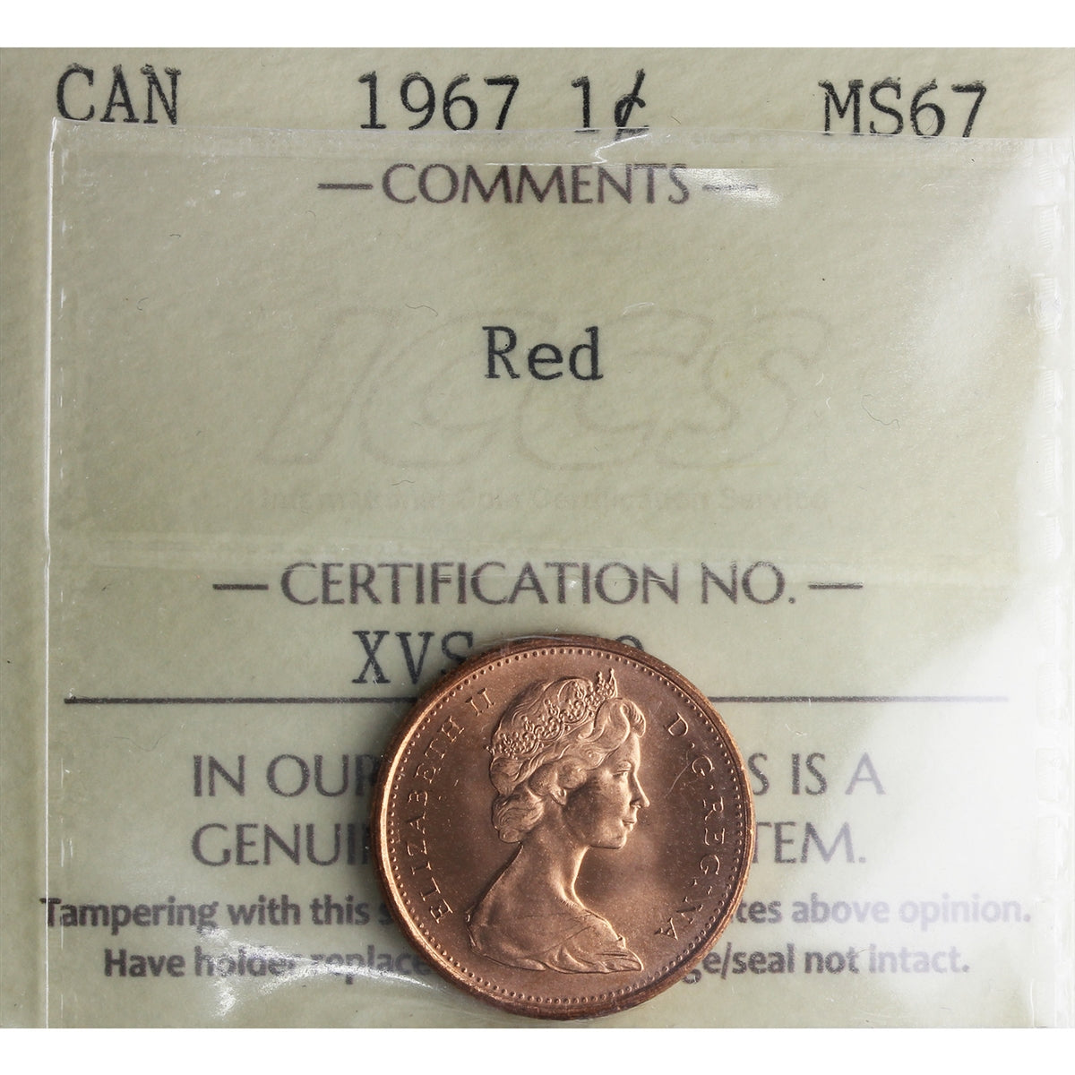 1967 Canada 1-cent ICCS Certified MS67 Red