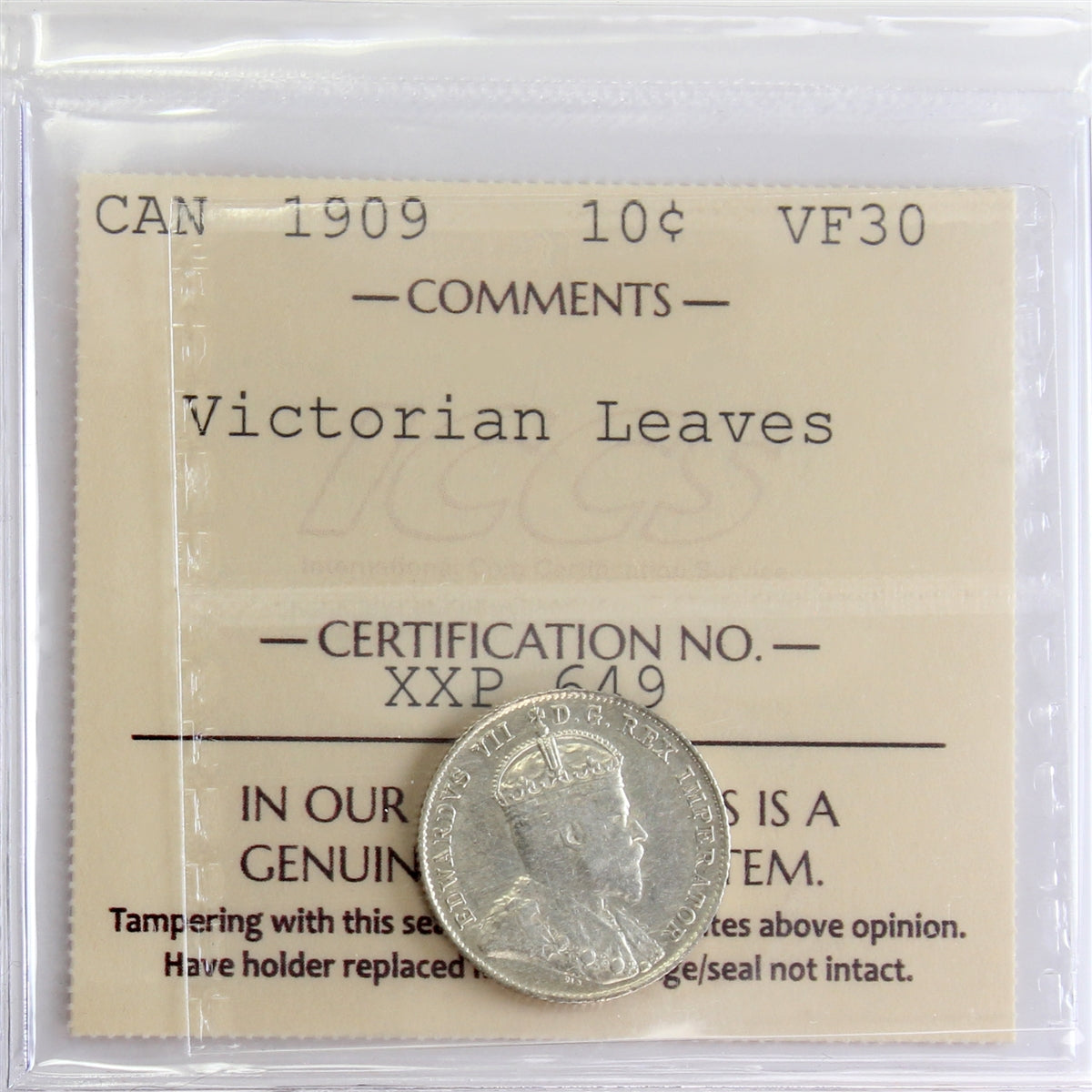 1909 Victorian Leaves Canada 10-cents ICCS Certified VF-30