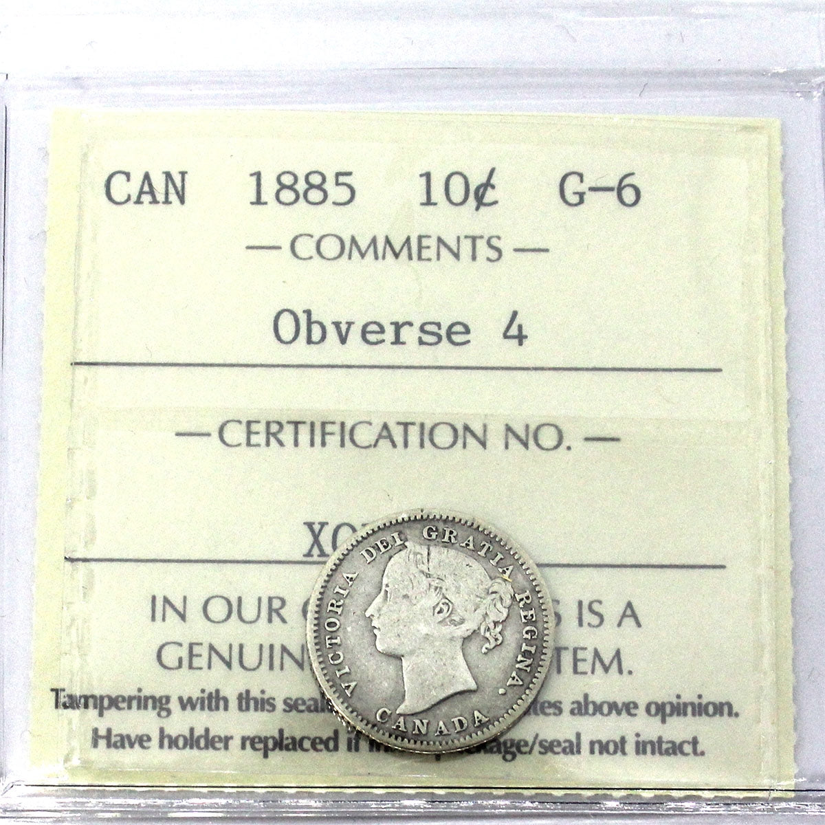1885 Obv. 4 Canada 10-cents ICCS Certified G-6