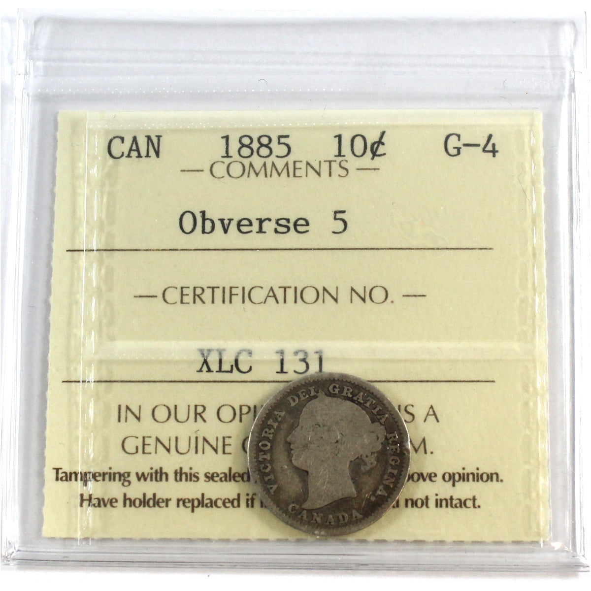 1885 Obv. 5 Canada 10-cents ICCS Certified G-4