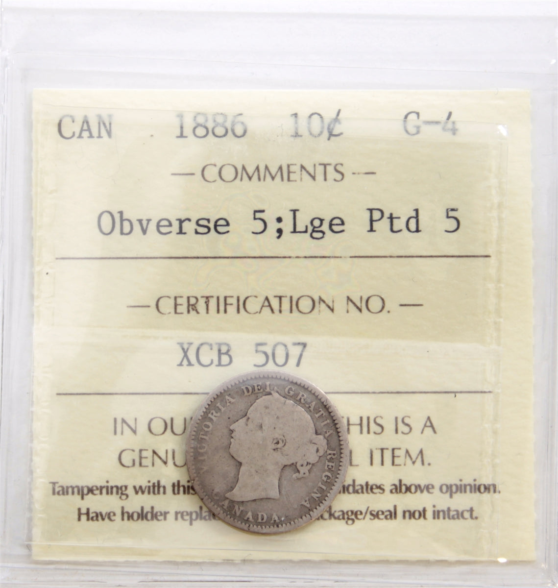1886 Large Pointed 5, Obv. 5 Canada 10-cents ICCS Certified G-4