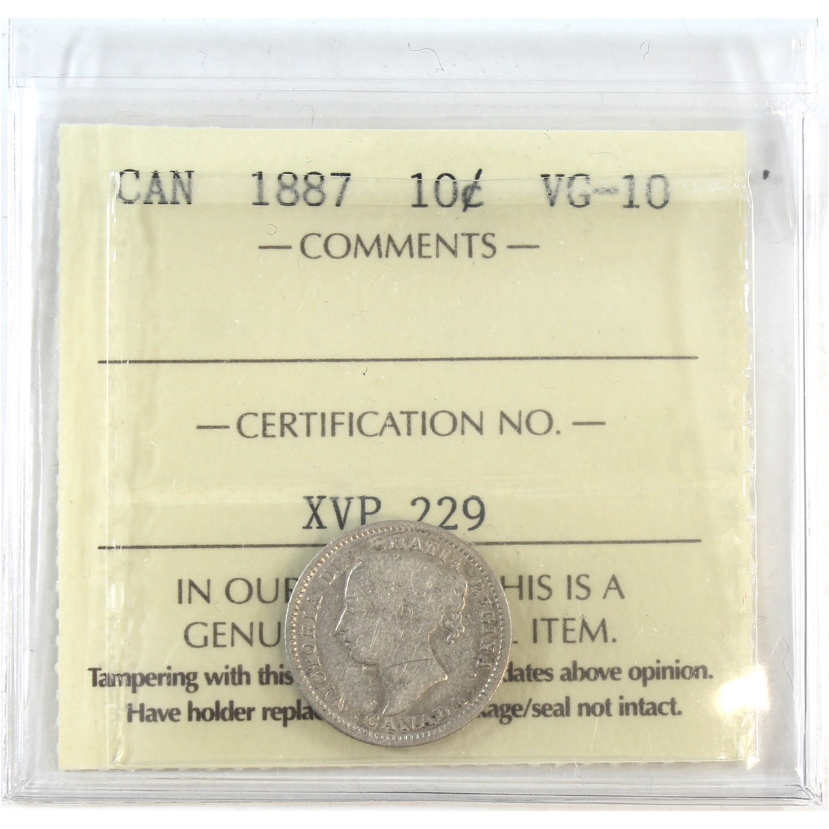 1887 Canada 10-cents ICCS Certified VG-10