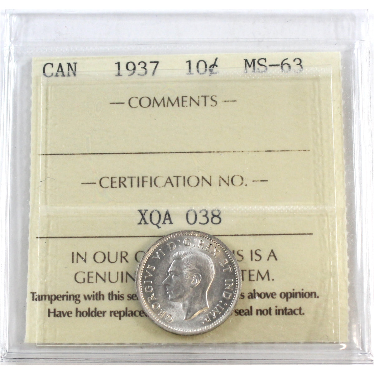 1937 Canada 10-cents ICCS Certified MS-63