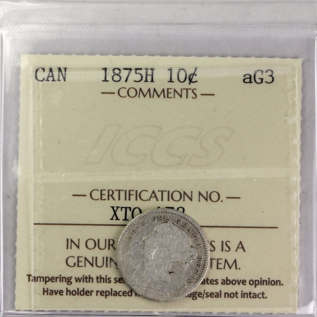 1875H Canada 10-cents ICCS Certified AG-3
