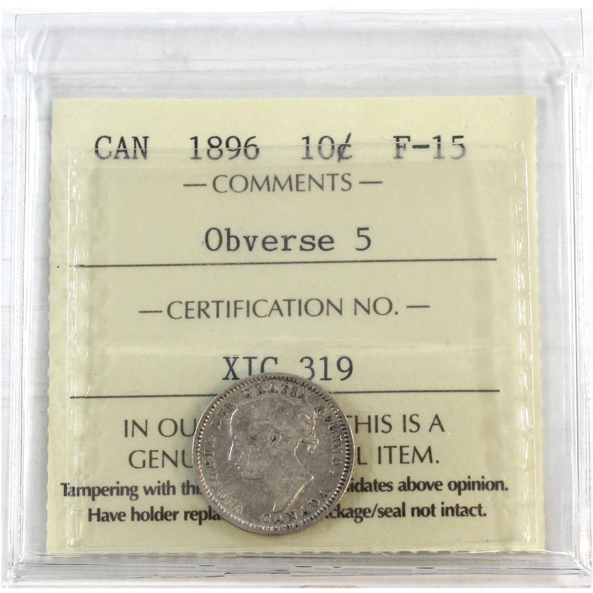 1896 Obv. 5 Canada 10-cents ICCS Certified F-15