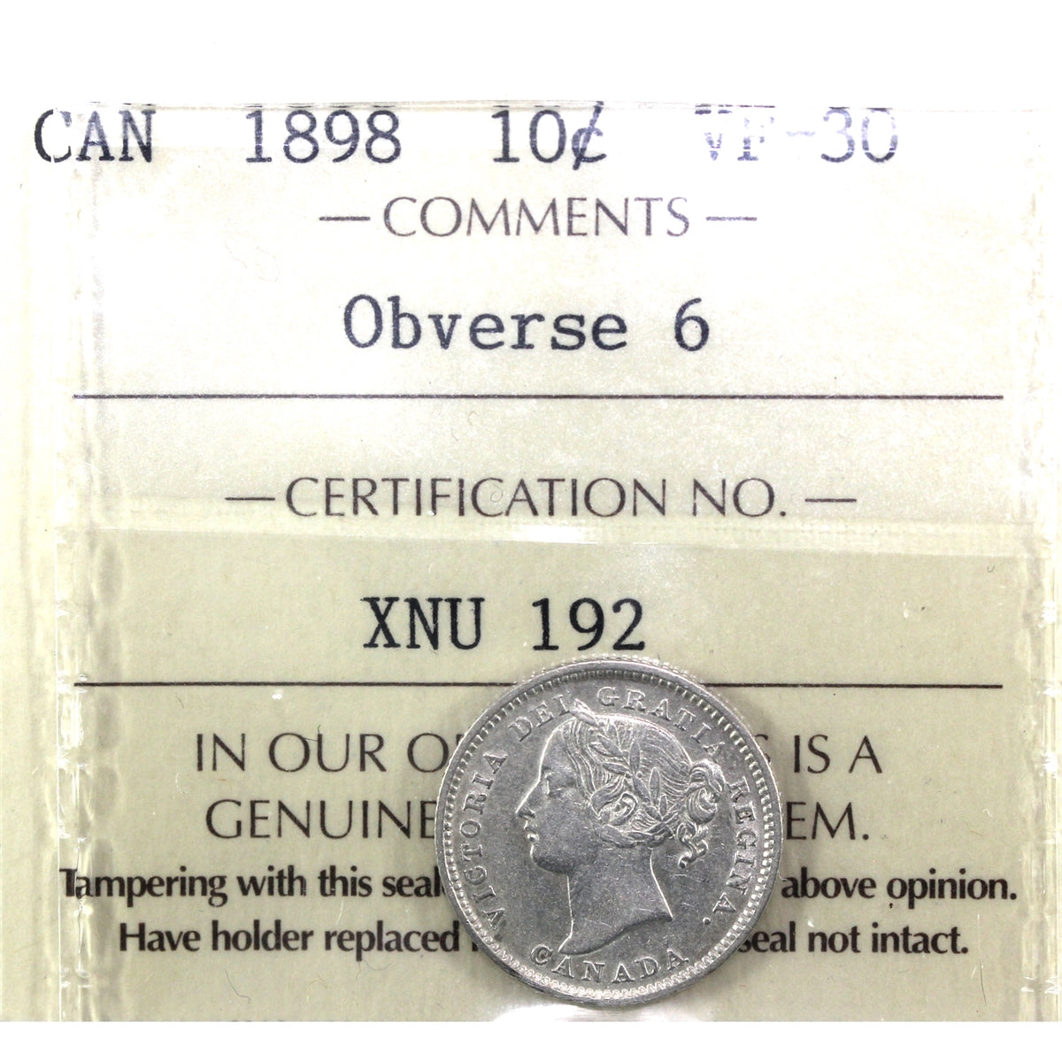 1898 Obv. 6 Canada 10-cents ICCS Certified VF-30