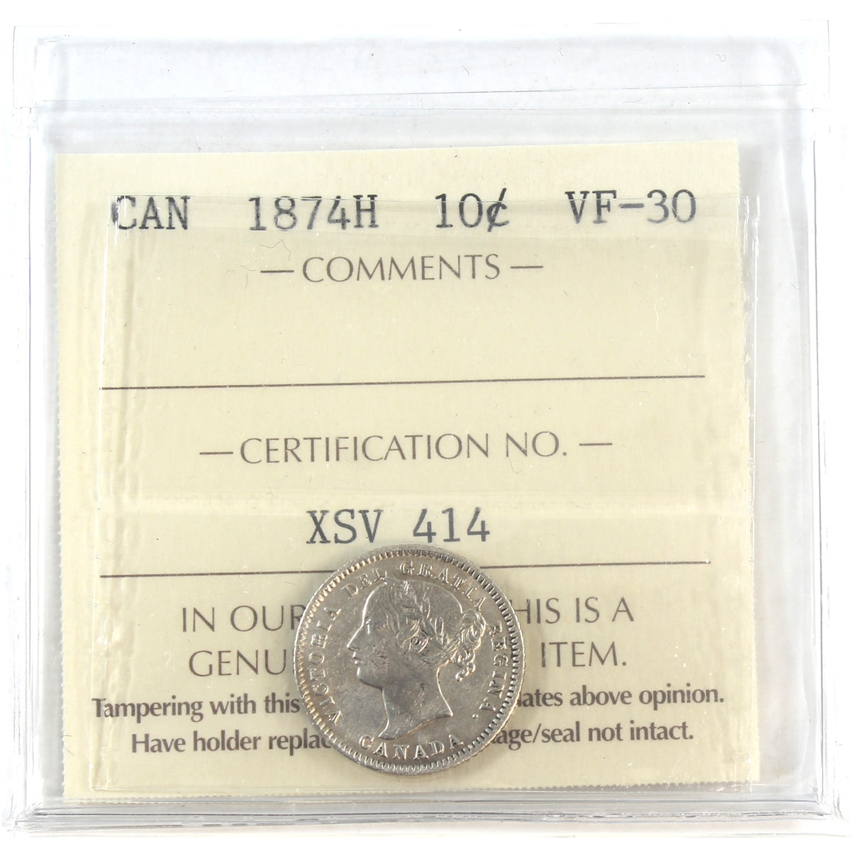 1874H Canada 10-cents ICCS Certified VF-30