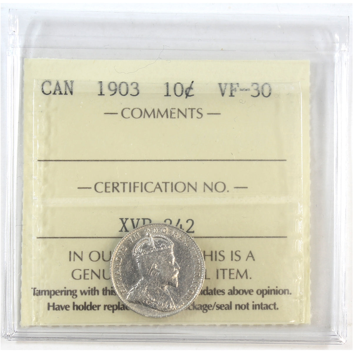 1903 Canada 10-cents ICCS Certified VF-30